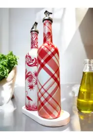 El Yapımı Kırmızı Beyaz Yağdanlık Seti – Flamingo Ekose Desenli Cam Şişe, Dekoratif Mutfak & Sofra - Görsel 3