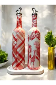 El Yapımı Kırmızı Beyaz Yağdanlık Seti – Flamingo Ekose Desenli Cam Şişe, Dekoratif Mutfak & Sofra - Görsel 6