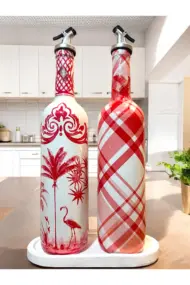 El Yapımı Kırmızı Beyaz Yağdanlık Seti – Flamingo Ekose Desenli Cam Şişe, Dekoratif Mutfak & Sofra - Görsel 7