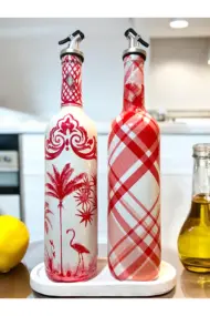 El Yapımı Kırmızı Beyaz Yağdanlık Seti – Flamingo Ekose Desenli Cam Şişe, Dekoratif Mutfak & Sofra - Görsel 8