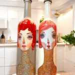 El Yapımı Kırmızı Saçlı Kadın Desenli Vintage Cam Şişe Yağdanlık Seti, Dekoratif Mutfak & Sofra Ürü