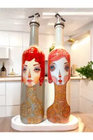 El Yapımı Kırmızı Saçlı Kadın Desenli Vintage Cam Şişe Yağdanlık Seti, Dekoratif Mutfak & Sofra Ürü