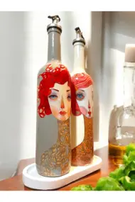 El Yapımı Kırmızı Saçlı Kadın Desenli Vintage Cam Şişe Yağdanlık Seti, Dekoratif Mutfak & Sofra Ürü - Görsel 3