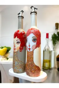 El Yapımı Kırmızı Saçlı Kadın Desenli Vintage Cam Şişe Yağdanlık Seti, Dekoratif Mutfak & Sofra Ürü - Görsel 4