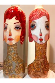 El Yapımı Kırmızı Saçlı Kadın Desenli Vintage Cam Şişe Yağdanlık Seti, Dekoratif Mutfak & Sofra Ürü - Görsel 5