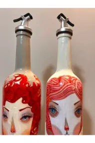 El Yapımı Kırmızı Saçlı Kadın Desenli Vintage Cam Şişe Yağdanlık Seti, Dekoratif Mutfak & Sofra Ürü - Görsel 6