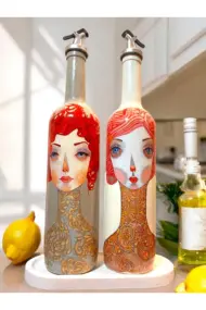 El Yapımı Kırmızı Saçlı Kadın Desenli Vintage Cam Şişe Yağdanlık Seti, Dekoratif Mutfak & Sofra Ürü - Görsel 7