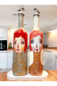 El Yapımı Kırmızı Saçlı Kadın Desenli Vintage Cam Şişe Yağdanlık Seti, Dekoratif Mutfak & Sofra Ürü - Görsel 8