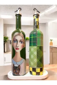 Vintage Sanat Desenli Retro Yeşil Cam Yağdanlık Seti-Sirkelik Sosluk Seti- Ev ve Mutfak Dekoru