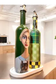 Vintage Sanat Desenli Retro Yeşil Cam Yağdanlık Seti-Sirkelik Sosluk Seti- Ev ve Mutfak Dekoru - Görsel 2