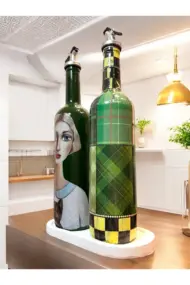 Vintage Sanat Desenli Retro Yeşil Cam Yağdanlık Seti-Sirkelik Sosluk Seti- Ev ve Mutfak Dekoru - Görsel 3