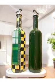 Vintage Sanat Desenli Retro Yeşil Cam Yağdanlık Seti-Sirkelik Sosluk Seti- Ev ve Mutfak Dekoru - Görsel 6