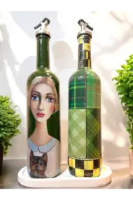 Vintage Sanat Desenli Retro Yeşil Cam Yağdanlık Seti-Sirkelik Sosluk Seti- Ev ve Mutfak Dekoru - Görsel 7