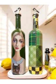 Vintage Sanat Desenli Retro Yeşil Cam Yağdanlık Seti-Sirkelik Sosluk Seti- Ev ve Mutfak Dekoru - Görsel 8