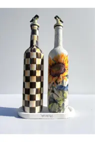 750 ml El Yapımı Ayiçeği ve Dama Desenli 2’li Dekoratif Cam Yağdanlık Seti – Sunum Standlı