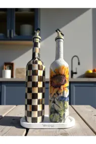 750 ml El Yapımı Ayiçeği ve Dama Desenli 2’li Dekoratif Cam Yağdanlık Seti – Sunum Standlı - Görsel 3