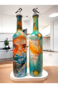 El yapımı Soyut Kadın Portresi ve Çiçek Motifli Vintage Yağdanlık Set, Mutfak Sosluk, Sirkelik