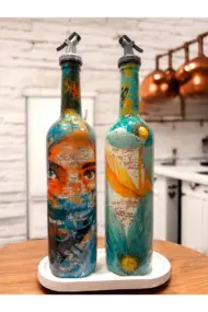 El yapımı Soyut Kadın Portresi ve Çiçek Motifli Vintage Yağdanlık Set, Mutfak Sosluk, Sirkelik - Görsel 2