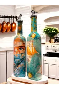 El yapımı Soyut Kadın Portresi ve Çiçek Motifli Vintage Yağdanlık Set, Mutfak Sosluk, Sirkelik - Görsel 3