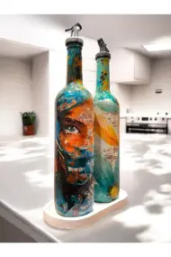 El yapımı Soyut Kadın Portresi ve Çiçek Motifli Vintage Yağdanlık Set, Mutfak Sosluk, Sirkelik - Görsel 4