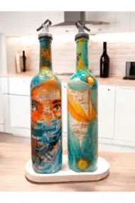 El yapımı Soyut Kadın Portresi ve Çiçek Motifli Vintage Yağdanlık Set, Mutfak Sosluk, Sirkelik - Görsel 8