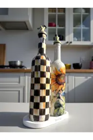 750 ml El Yapımı Ayiçeği ve Dama Desenli 2’li Dekoratif Cam Yağdanlık Seti – Sunum Standlı - Görsel 4