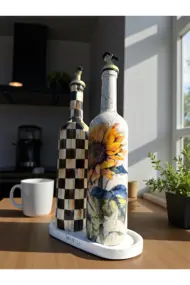 750 ml El Yapımı Ayiçeği ve Dama Desenli 2’li Dekoratif Cam Yağdanlık Seti – Sunum Standlı - Görsel 5