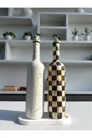 750 ml El Yapımı Ayiçeği ve Dama Desenli 2’li Dekoratif Cam Yağdanlık Seti – Sunum Standlı - Görsel 7