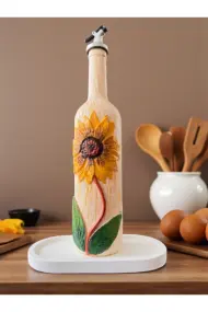 El Yapımı Ayçiçek Kabartmalı Yağdanlık – Dekoratif Zeytinyağı & Sirke Şişesi Sosluk| Rustik Mutfak