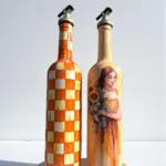 750 ml El Yapımı Turuncu Ayçiçeği ve Dama Desenli 2’li Dekoratif Cam Yağdanlık Seti – Sunum Standlı