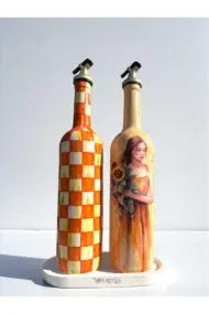 750 ml El Yapımı Turuncu Ayçiçeği ve Dama Desenli 2’li Dekoratif Cam Yağdanlık Seti – Sunum Standlı