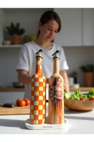 750 ml El Yapımı Turuncu Ayçiçeği ve Dama Desenli 2’li Dekoratif Cam Yağdanlık Seti – Sunum Standlı - Görsel 2