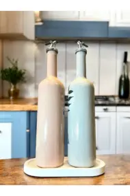 El yapımı Mavi Çiçekli Kız Desenli Sunum Stantlı 75 ml Zeytinyağı Sıvıyağ Şişesi Yağdanlık 2 li set - Görsel 5