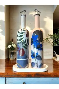 El yapımı Mavi Çiçekli Kız Desenli Sunum Stantlı 75 ml Zeytinyağı Sıvıyağ Şişesi Yağdanlık 2 li set - Görsel 7