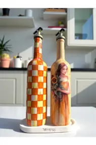 750 ml El Yapımı Turuncu Ayçiçeği ve Dama Desenli 2’li Dekoratif Cam Yağdanlık Seti – Sunum Standlı - Görsel 3