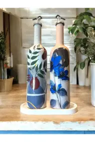 El yapımı Mavi Çiçekli Kız Desenli Sunum Stantlı 75 ml Zeytinyağı Sıvıyağ Şişesi Yağdanlık 2 li set - Görsel 8