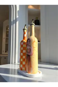 750 ml El Yapımı Turuncu Ayçiçeği ve Dama Desenli 2’li Dekoratif Cam Yağdanlık Seti – Sunum Standlı - Görsel 4