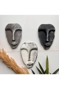 El Yapımı Taş Heykel Soyut Yüz Maske 3'li Set, Modern beton, eskitme taş görünümlü duvar dekor