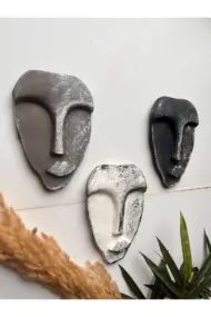 El Yapımı Taş Heykel Soyut Yüz Maske 3'li Set, Modern beton, eskitme taş görünümlü duvar dekor - Görsel 2