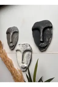 El Yapımı Taş Heykel Soyut Yüz Maske 3'li Set, Modern beton, eskitme taş görünümlü duvar dekor - Görsel 3