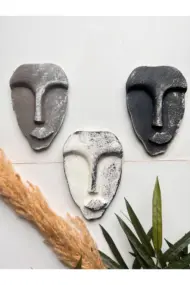 El Yapımı Taş Heykel Soyut Yüz Maske 3'li Set, Modern beton, eskitme taş görünümlü duvar dekor - Görsel 7