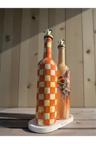 750 ml El Yapımı Turuncu Ayçiçeği ve Dama Desenli 2’li Dekoratif Cam Yağdanlık Seti – Sunum Standlı - Görsel 5