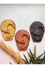 Soyut Tasarım El Yapımı Duvar Dekoru Renkli Taş Maske BÜYÜK 3'lü Set, Dekor Mask, 3D Duvar Heykeli