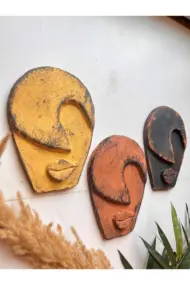Soyut Tasarım El Yapımı Duvar Dekoru Renkli Taş Maske BÜYÜK 3'lü Set, Dekor Mask, 3D Duvar Heykeli - Görsel 2