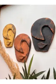 Soyut Tasarım El Yapımı Duvar Dekoru Renkli Taş Maske BÜYÜK 3'lü Set, Dekor Mask, 3D Duvar Heykeli - Görsel 3