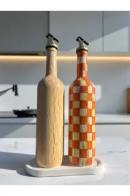 750 ml El Yapımı Turuncu Ayçiçeği ve Dama Desenli 2’li Dekoratif Cam Yağdanlık Seti – Sunum Standlı - Görsel 7