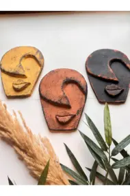 Soyut Tasarım El Yapımı Duvar Dekoru Renkli Taş Maske BÜYÜK 3'lü Set, Dekor Mask, 3D Duvar Heykeli - Görsel 7