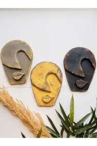 Soyut Tasarım El Yapımı Duvar Dekoru Renkli Taş Maske BÜYÜK 3'lü Set, Dekor Mask, 3D Duvar Heykeli