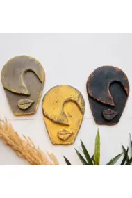 Soyut Tasarım El Yapımı Duvar Dekoru Renkli Taş Maske BÜYÜK 3'lü Set, Dekor Mask, 3D Duvar Heykeli - Görsel 2