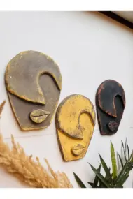 Soyut Tasarım El Yapımı Duvar Dekoru Renkli Taş Maske BÜYÜK 3'lü Set, Dekor Mask, 3D Duvar Heykeli - Görsel 3